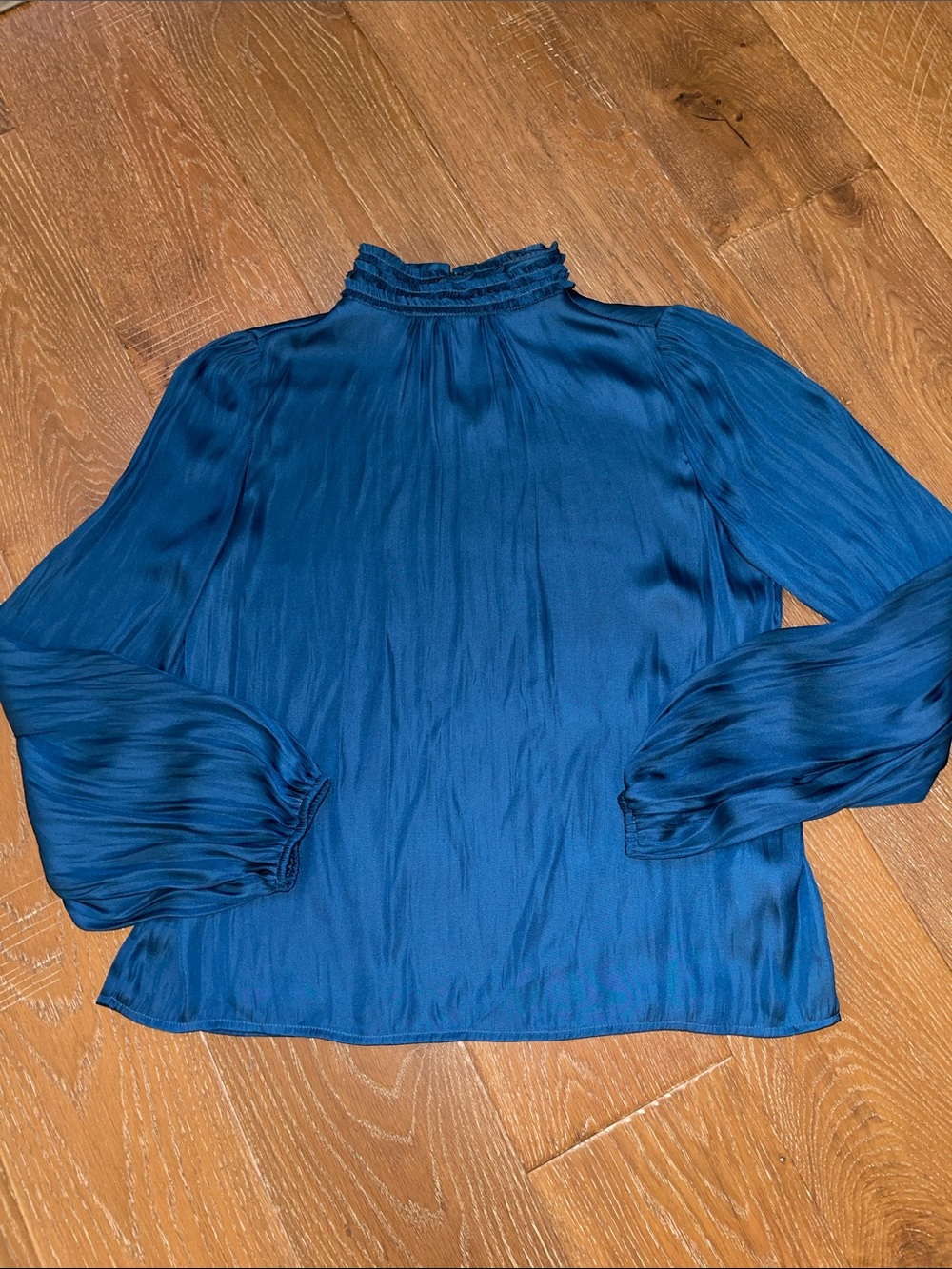 Women's Teal Mock-Neck Long-Sleeve Satin Blouse